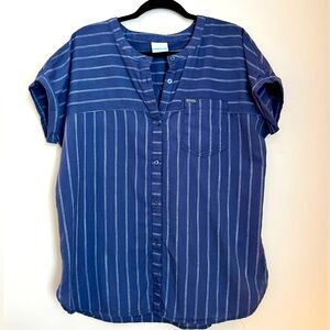 Columbia Blue Striped Oversized Short Sleeve Top  Medium